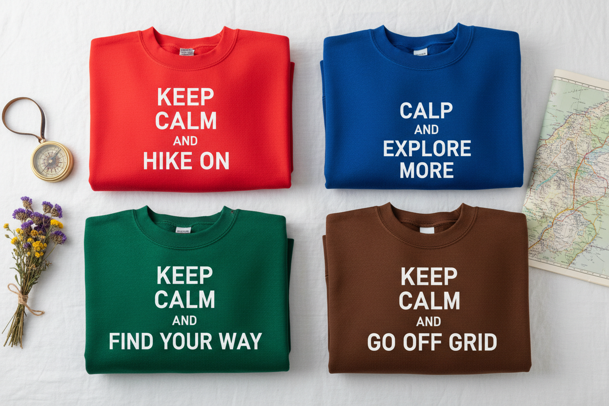 Set of four crew-neck sweatshirts in red, blue, green, and brown with printed slogans