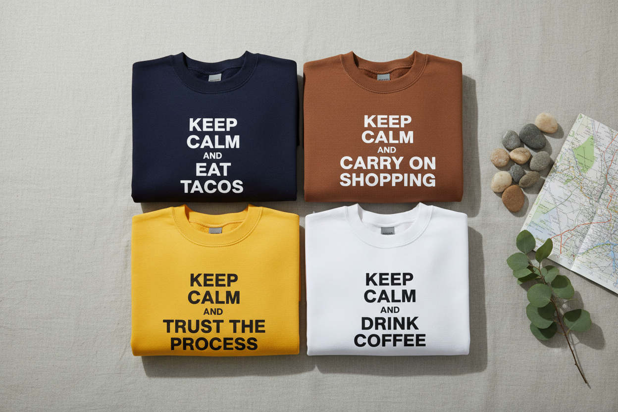Four crew-neck sweatshirts in navy, brown, yellow, and white with keep-calm slogan text