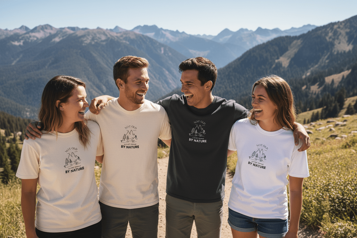 White T-shirts with 'BY NATURE' mountain graphic worn by group outdoors