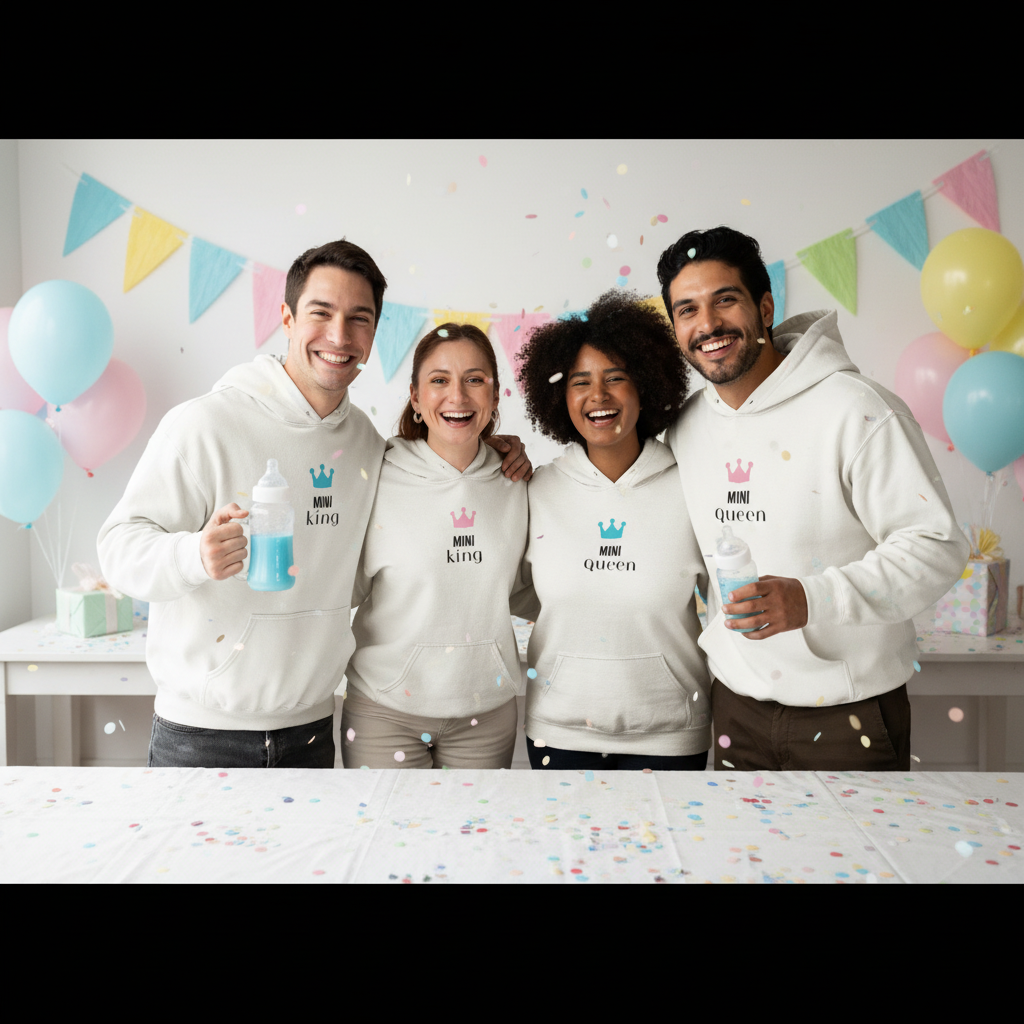 Group wearing white hooded sweatshirts with “MINI KING” and “MINI QUEEN” crown prints