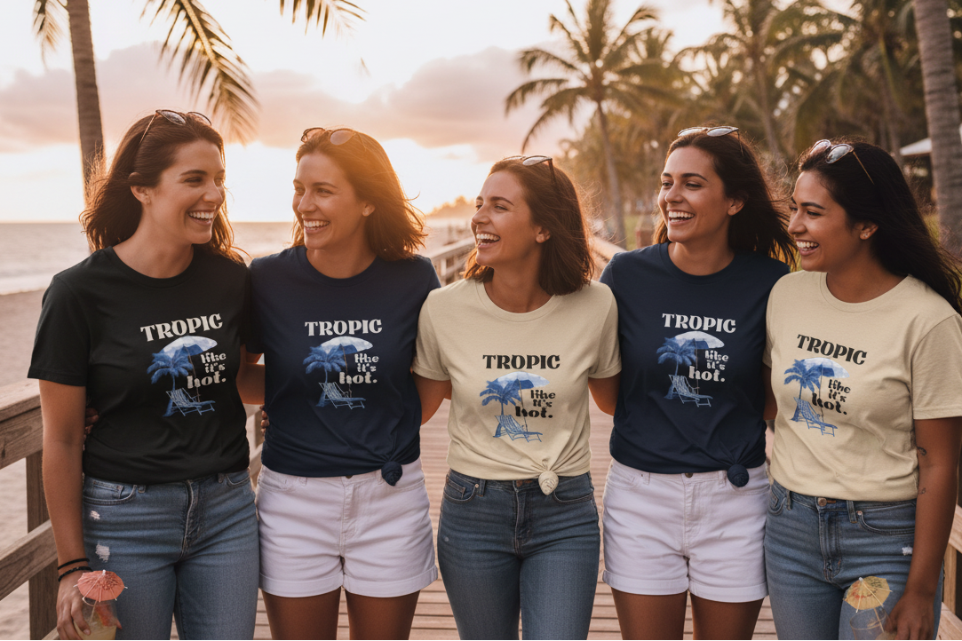 Group wearing Tropic Like It's Hot T-shirts in black, navy, and cream with blue palm graphics