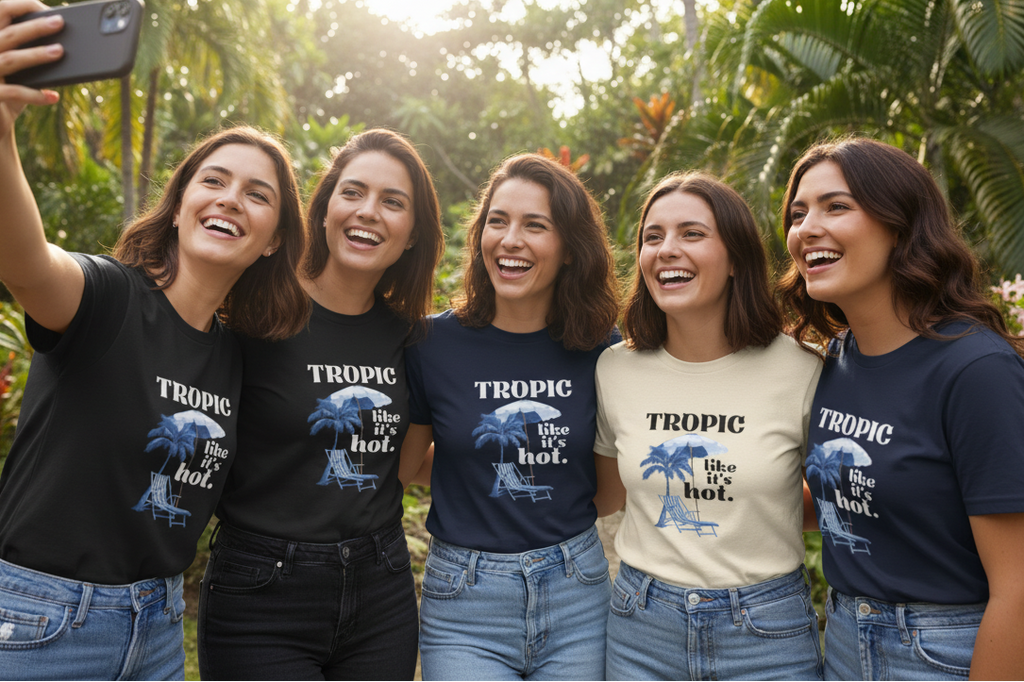 Group wearing Tropic Like It's Hot T-shirts in black, navy, and cream with blue palm chair graphic