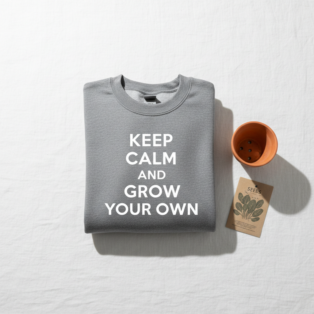 Medium gray crewneck sweatshirt with white text: KEEP CALM AND GROW YOUR OWN