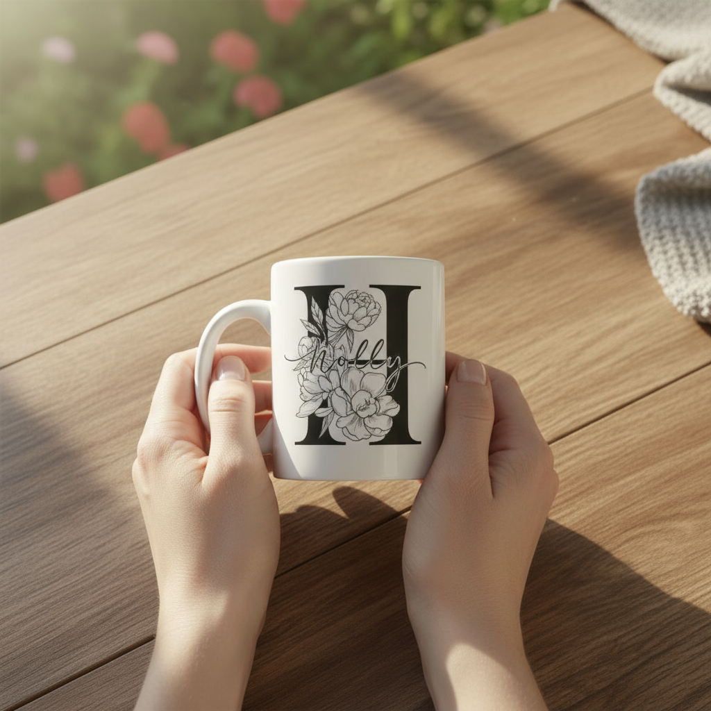 White personalized name mug held in hands with black floral design and “Kelly”