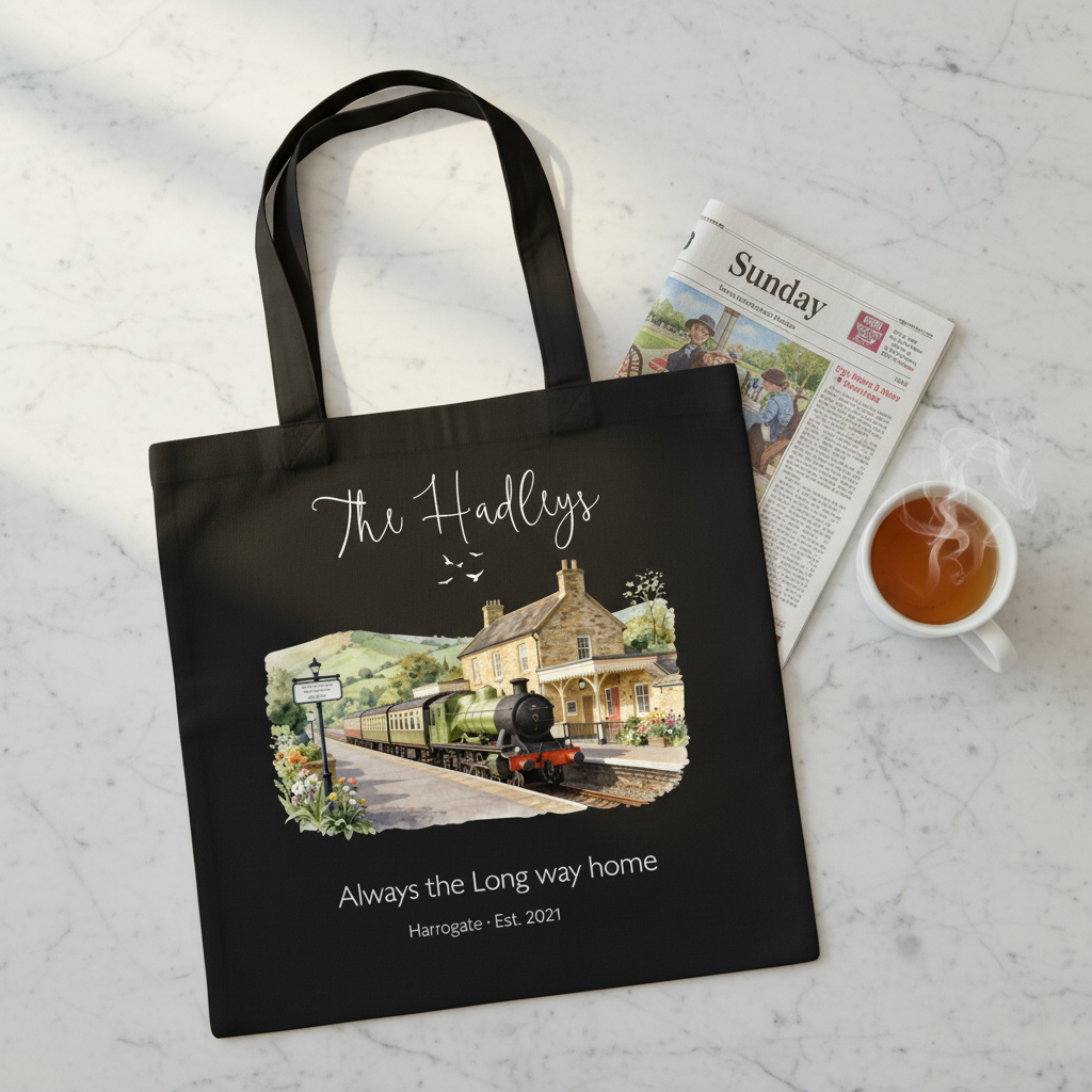 Black canvas tote bag with a printed train and cottage scene, shown with a magazine.