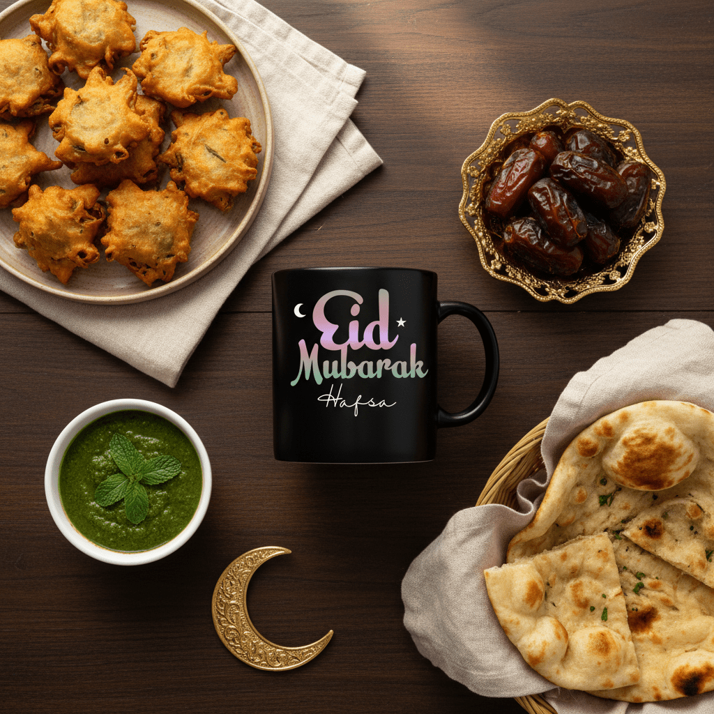 Black mug with Eid Mubarak text and custom name Hafsa, crescent icon