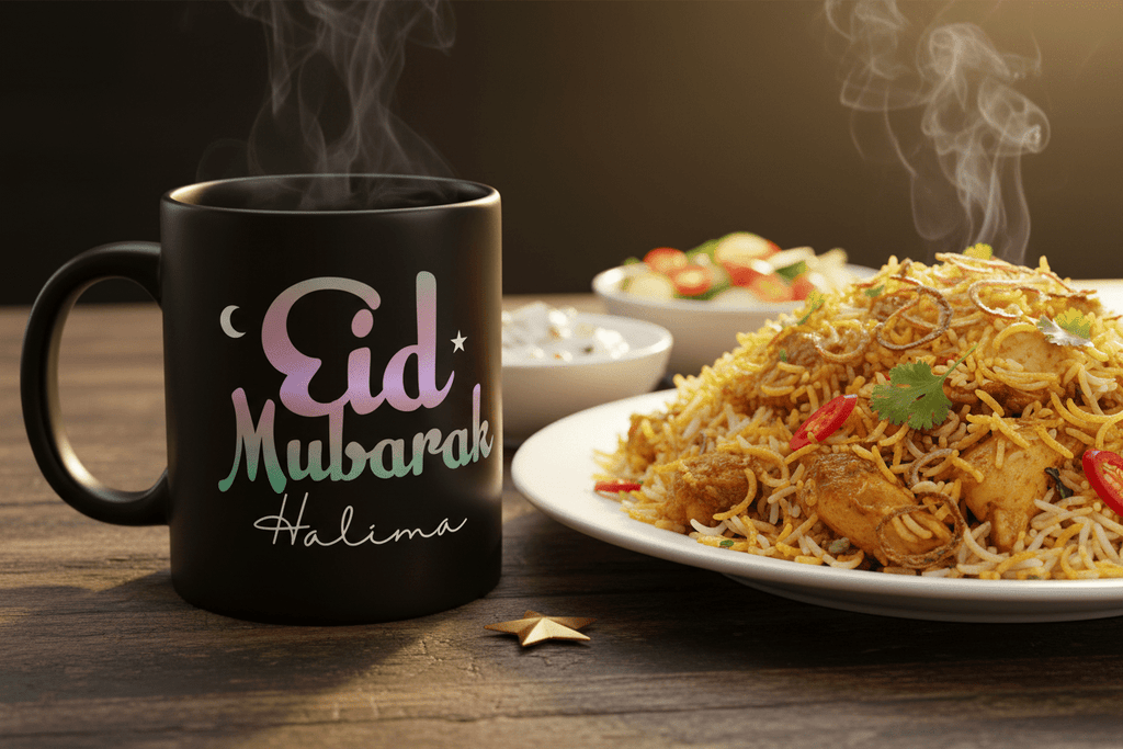 Black ceramic mug with Eid Mubarak and custom name Halima, crescent icon