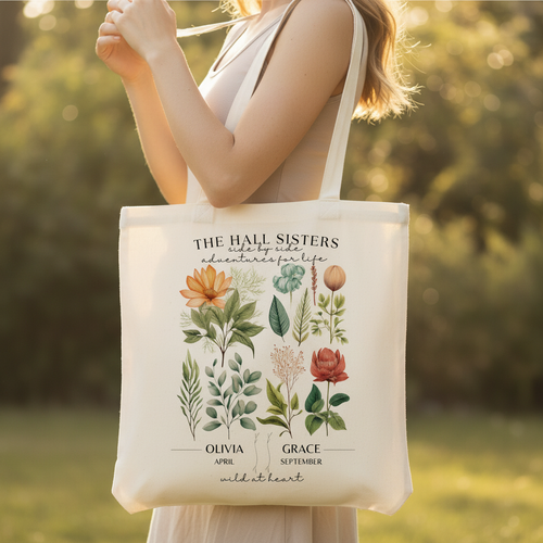 Cream personalized sisters tote bag with botanical floral names and birth months