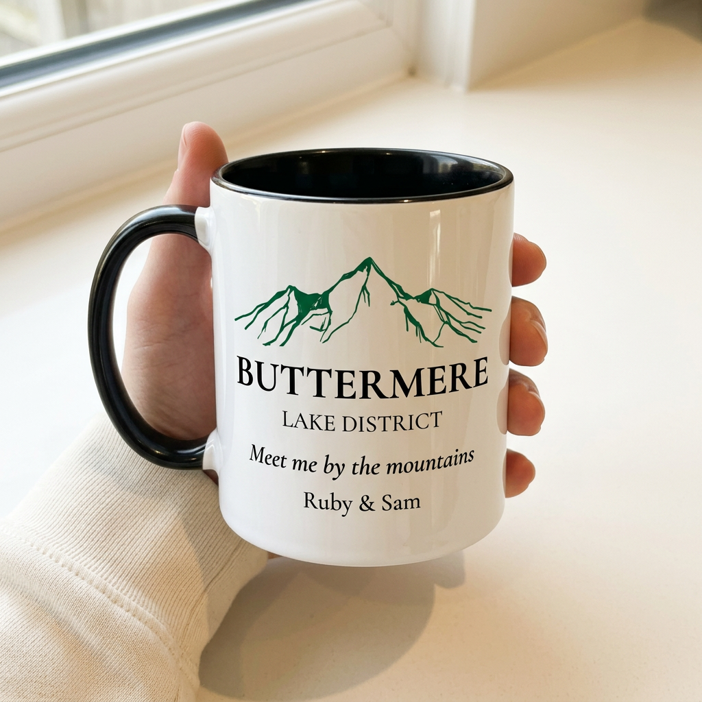 Handheld Buttermere mug with Meet me by the mountains and Ruby & Sam