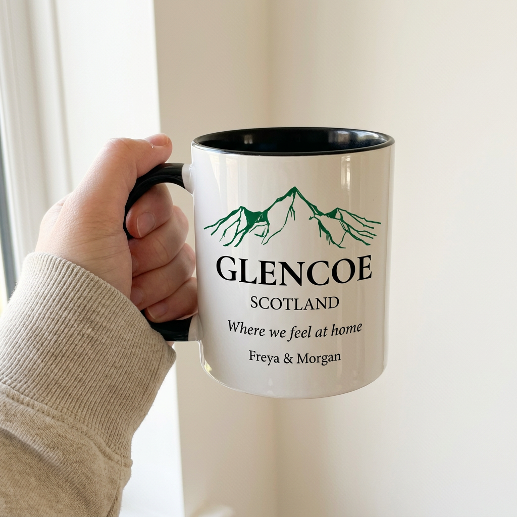 Handheld Glencoe mug with Where we feel at home and Freya & Morgan