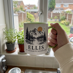 Handheld light green mountain mug with Ellis and My Favourite Adventure