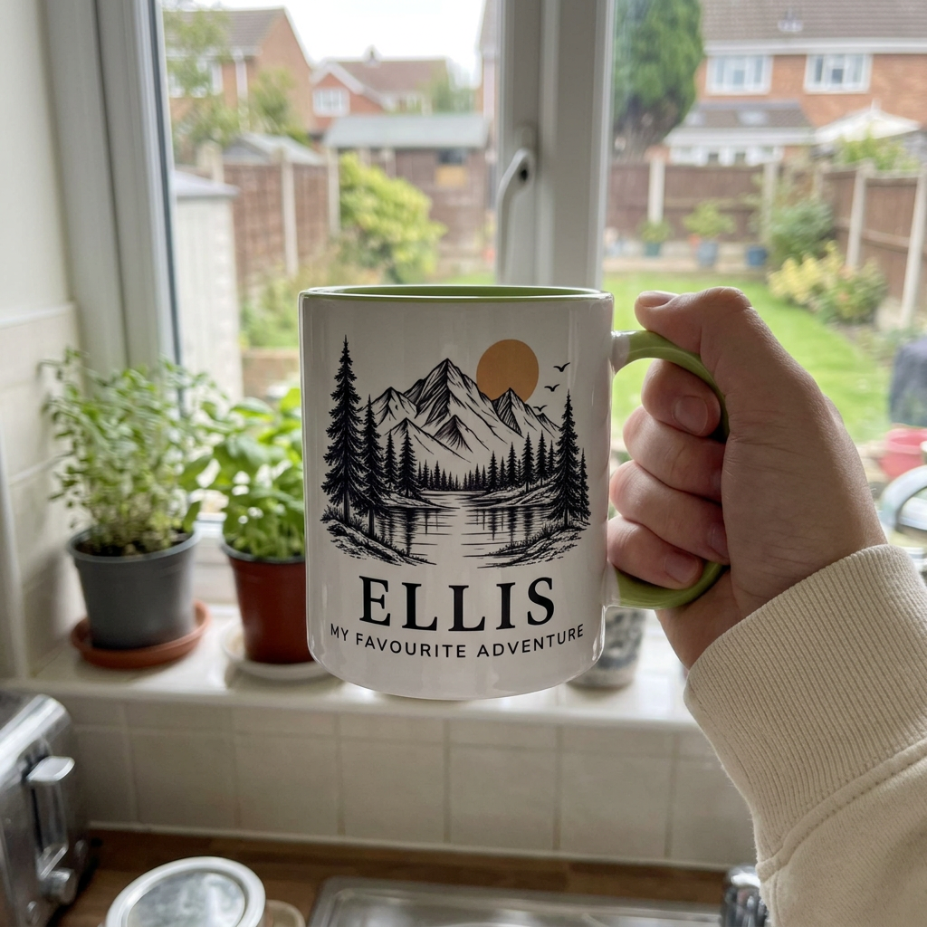 Handheld light green mountain mug with Ellis and My Favourite Adventure