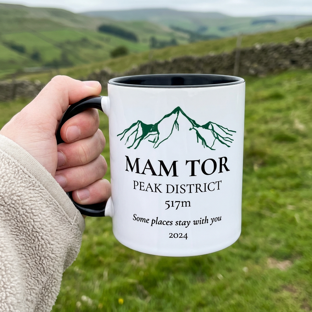 Handheld Mam Tor mug reading Peak District, 517m, Some places stay with you, 2024