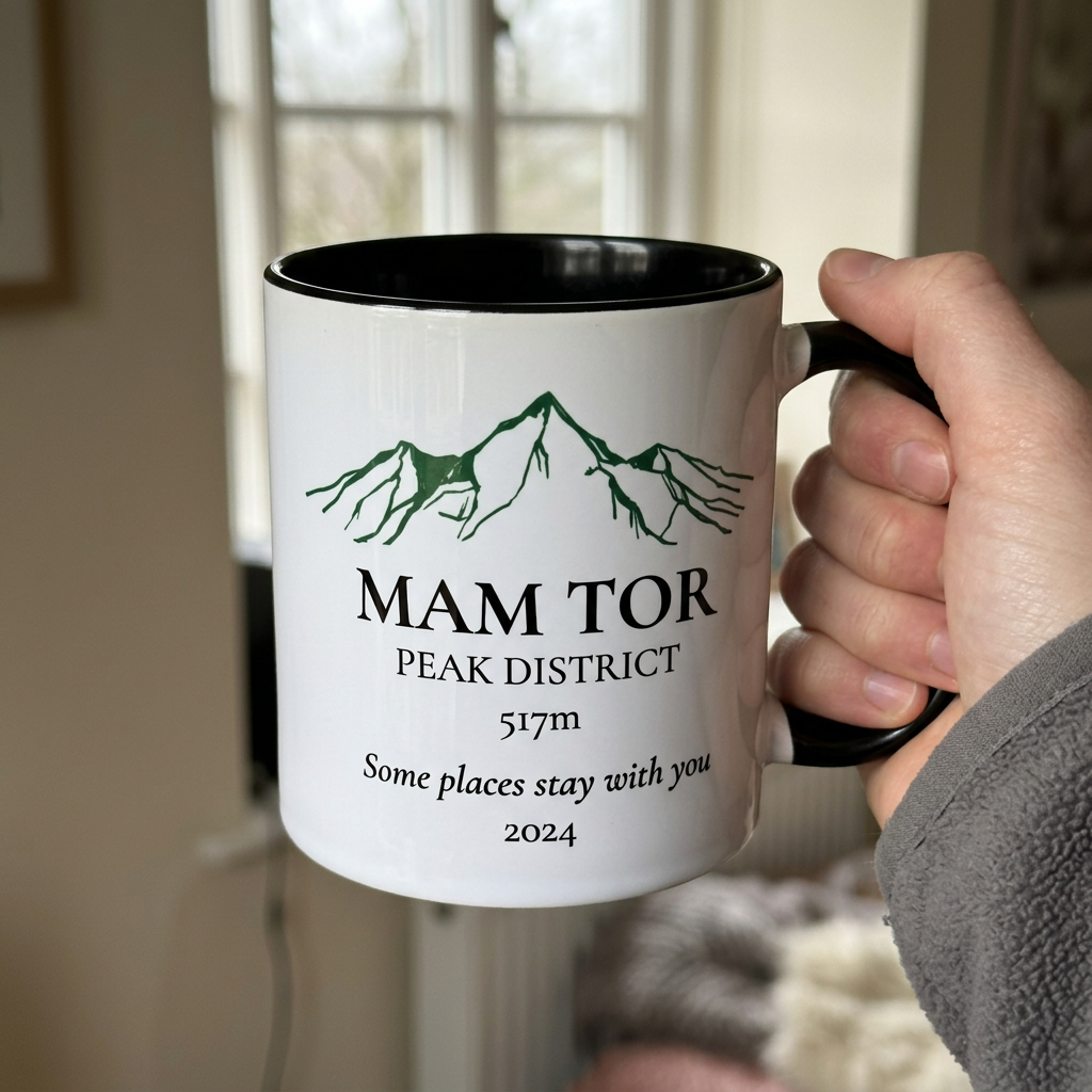 Handheld Mam Tor mug with one Peak District line and elevation only beneath