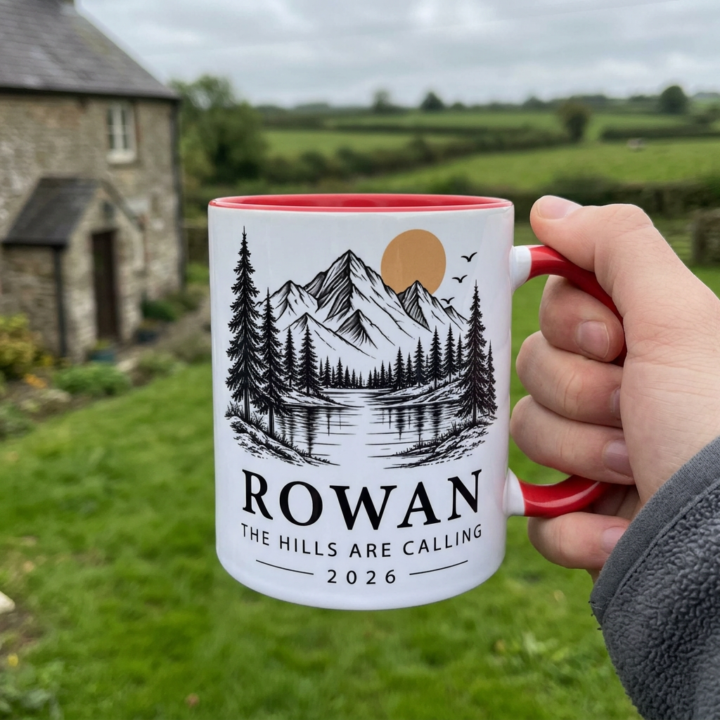 Handheld red mountain mug with Rowan, The Hills Are Calling and 2026