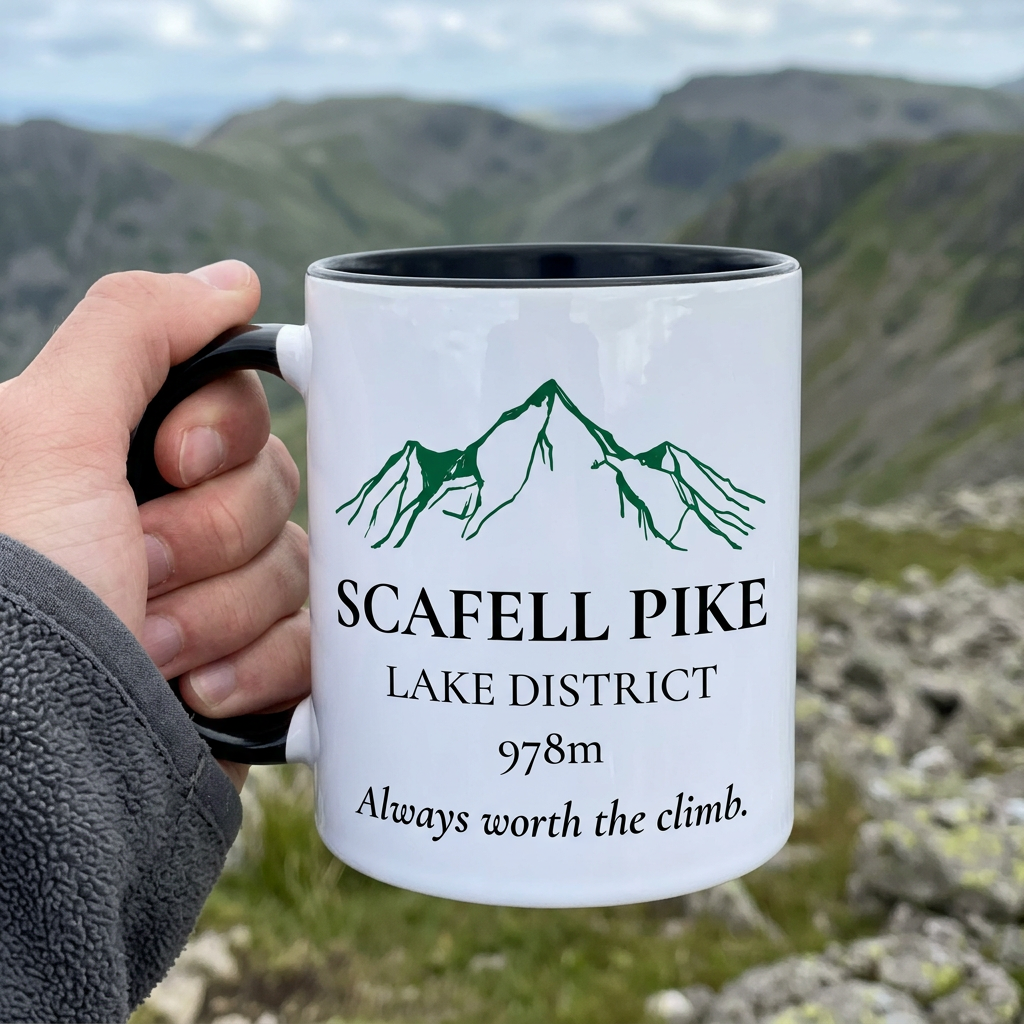 Handheld Scafell Pike mug reading Lake District, 978m, Always worth the climb