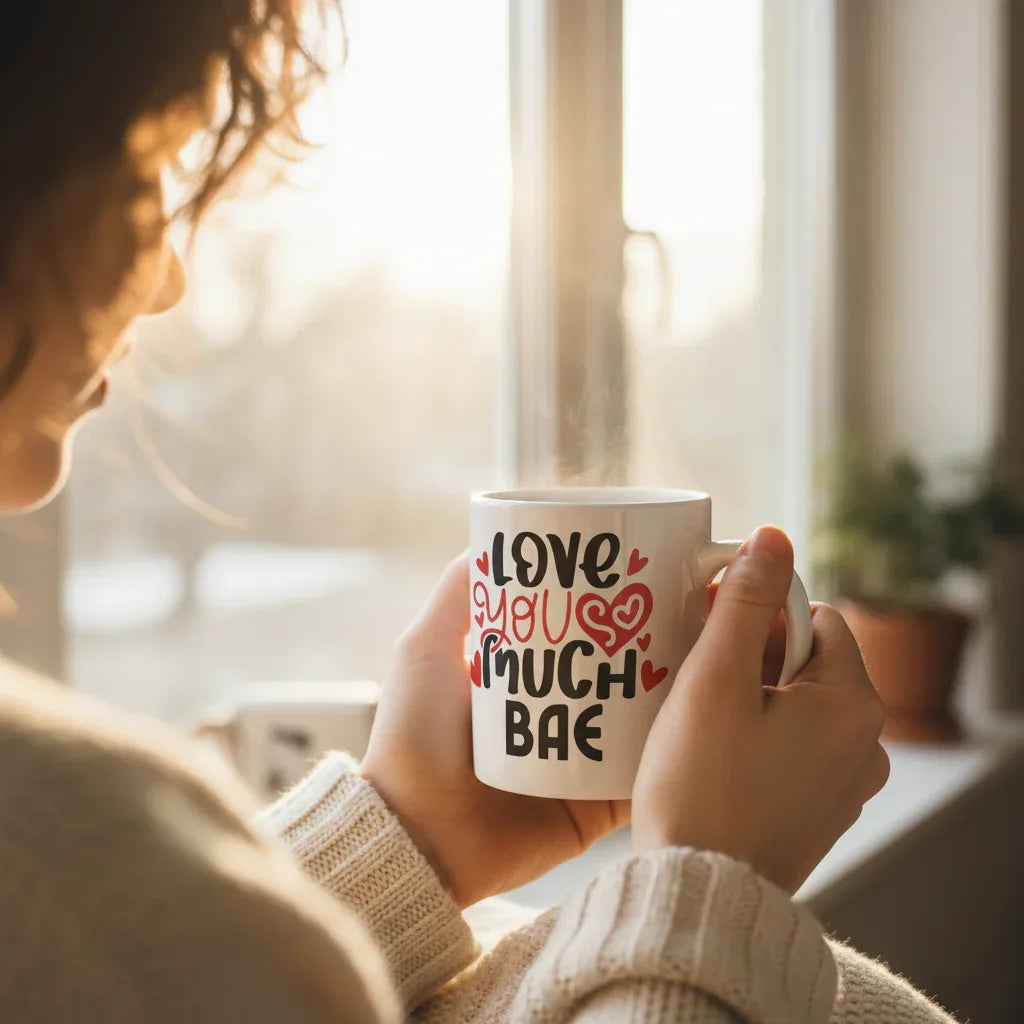 White mug with “Love you much BAE” print in red hearts and black letters