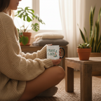 White ceramic coffee mug with brown handle, Plant Lady graphic on table near plants
