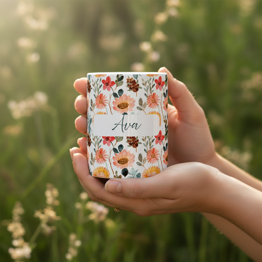 Hands holding Ava mug with nature background