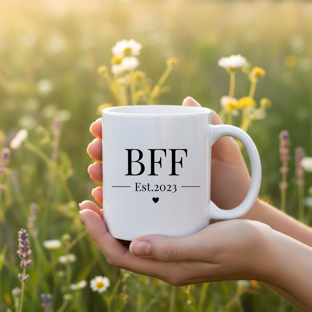Hands holding BFF mug with nature background