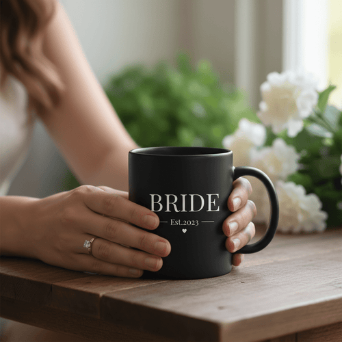 Black ceramic mug with handle, BRIDE Est.2023 text and heart