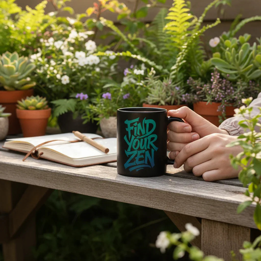 Black ceramic coffee mug with teal “Find Your Zen” print, held on garden bench