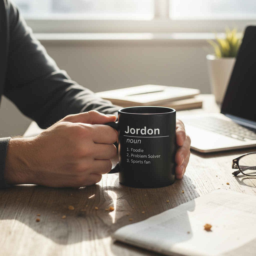 Black mug labeled Jordan noun, 1 Foodie, 2 Problem Solver, 3 Sports fan