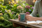 Light gray coffee mug with teal “Find Your Zen” text, held in a garden setting