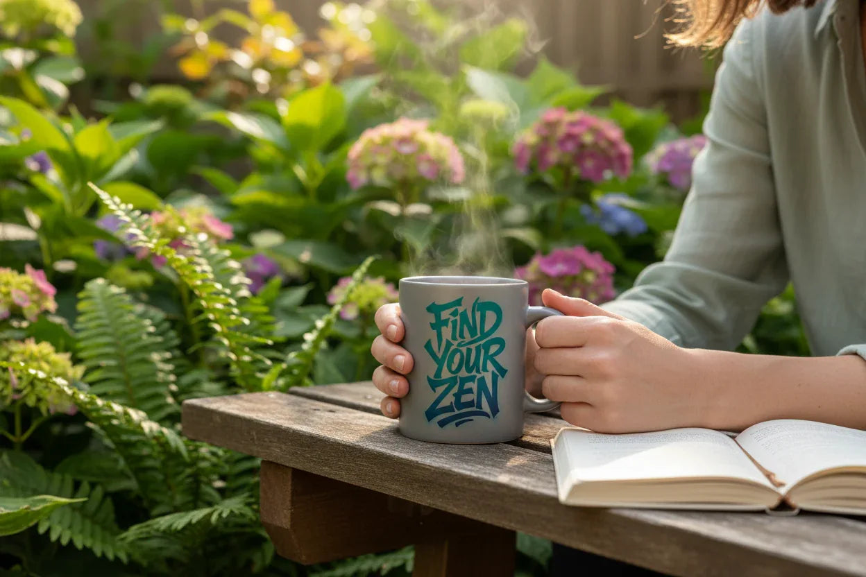 Light gray coffee mug with teal “Find Your Zen” text, held in a garden setting