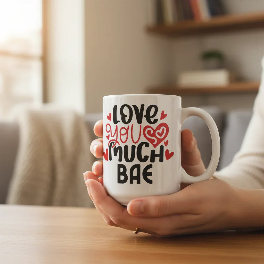 White ceramic mug with heart “Love you much BAE” design
