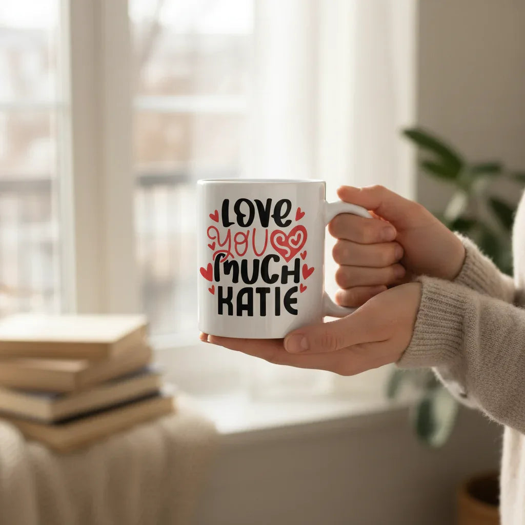 White mug with “Love you much KATIE” print in red hearts and black letters