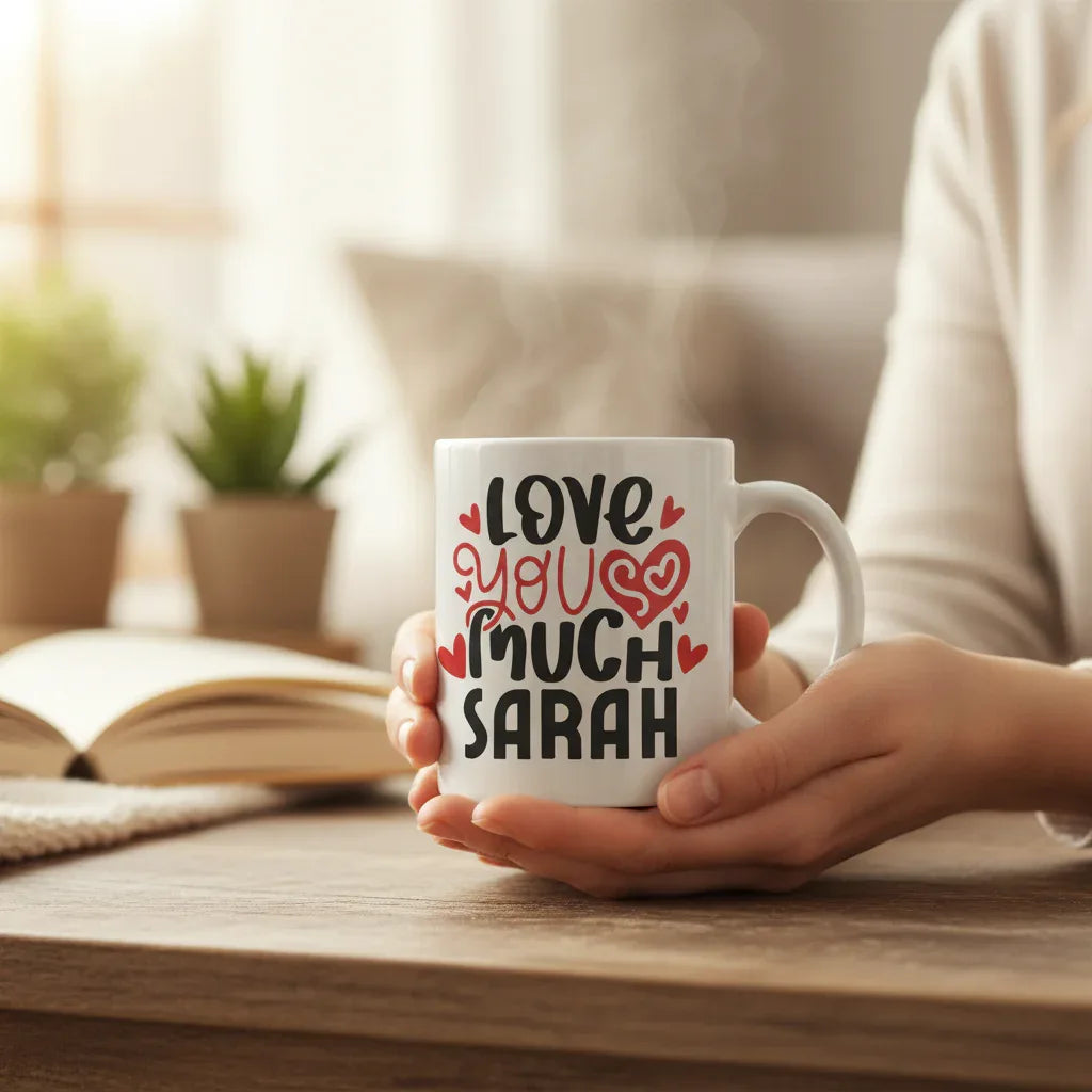 White mug with “Love you much SARAH” print in red hearts and black letters
