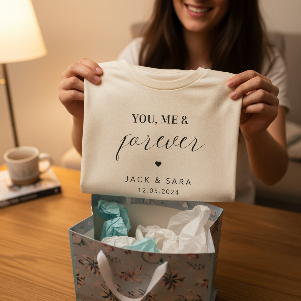 Hands holding natural tee just unwrapped from gift bag