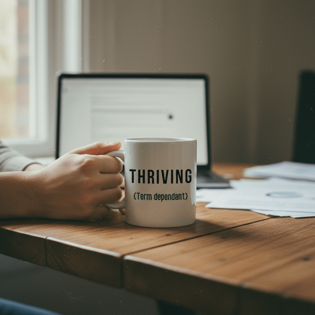 White ceramic mug held in a hand, printed “THRIVING (Term dependant)” on the front.