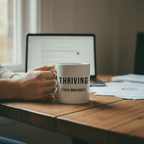 White ceramic mug held in a hand, printed “THRIVING (Term dependant)” on the front.