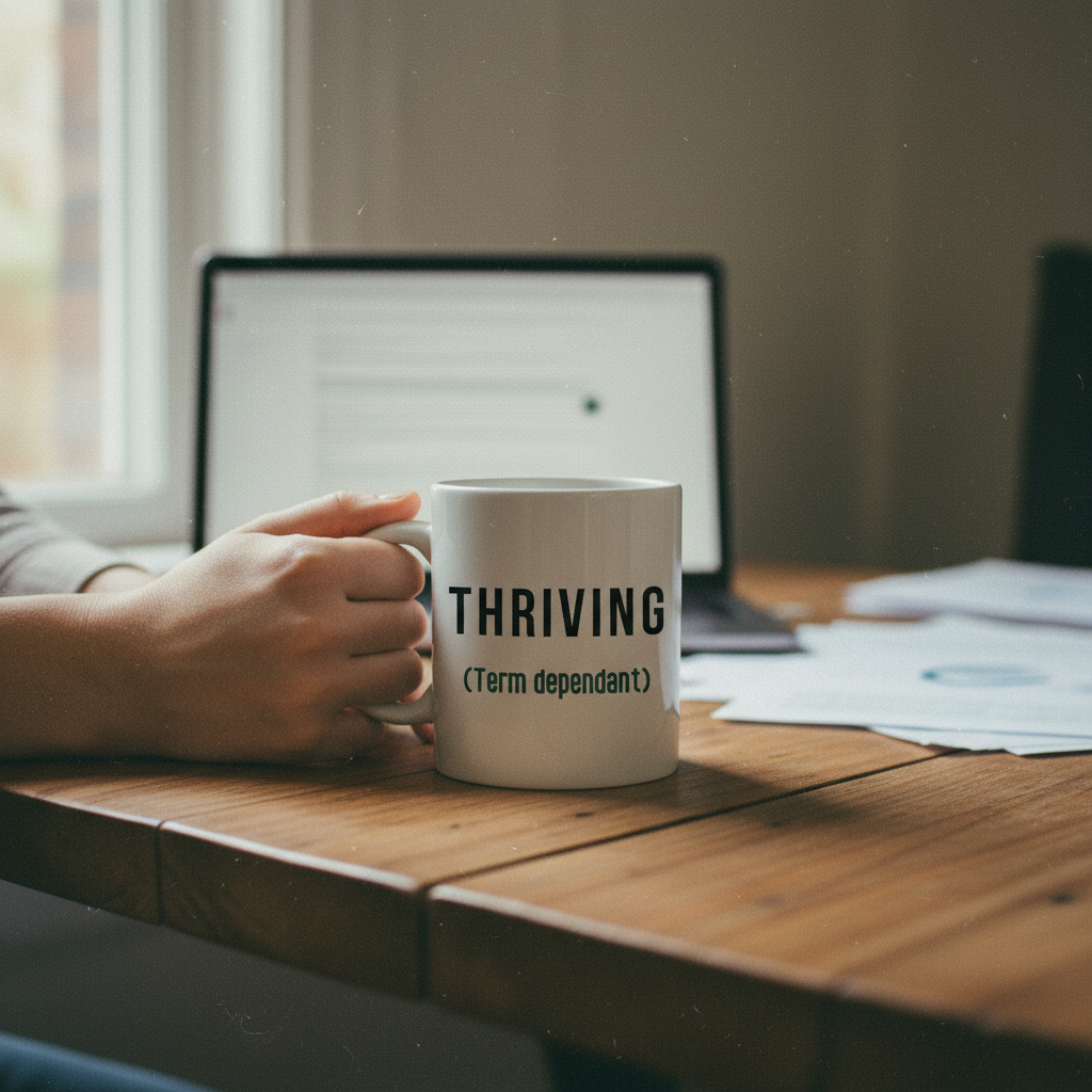 Hands holding THRIVING mug at table