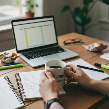 Hands holding THRIVING mug over desk with work