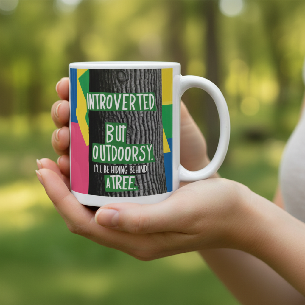 White mug with colorful nature quote held in a hand outdoors