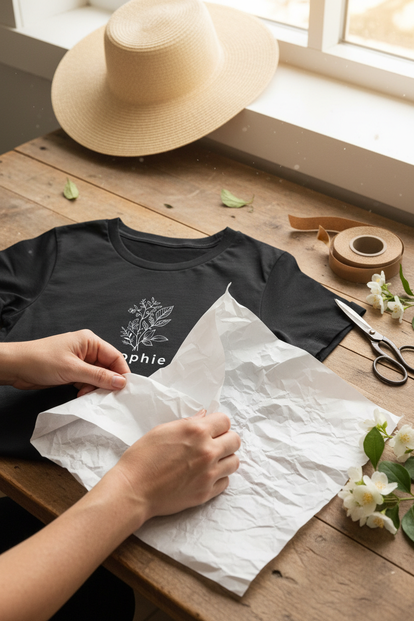 Hands wrapping tee in tissue paper — kitchen table — in progress