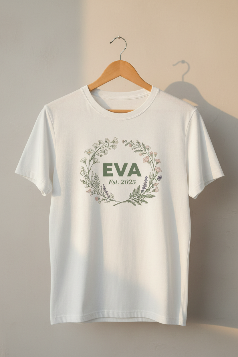 White t-shirt with Eva floral wreath and Est. 2025 print