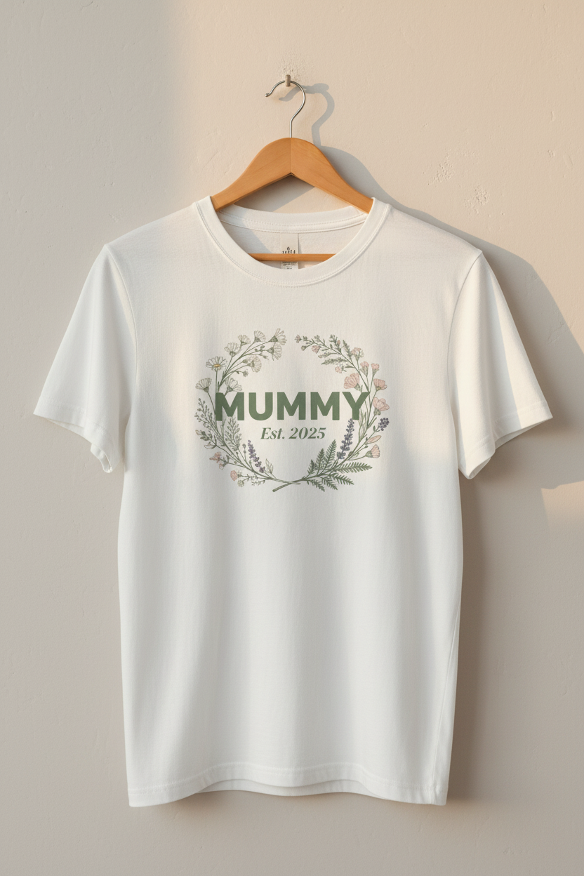 White t-shirt with Mummy floral wreath and Est. 2025 print