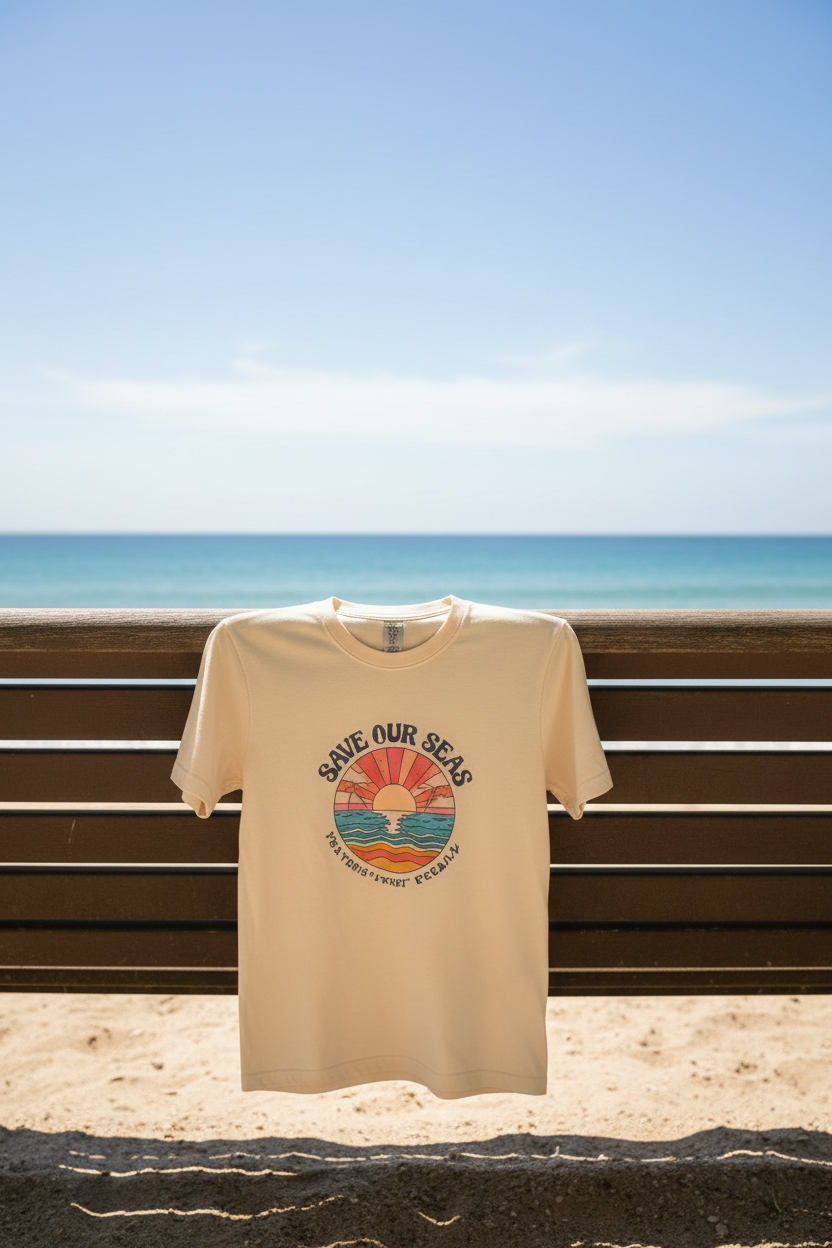 Beige crew-neck T-shirt with Save Our Seas circular ocean sunset graphic