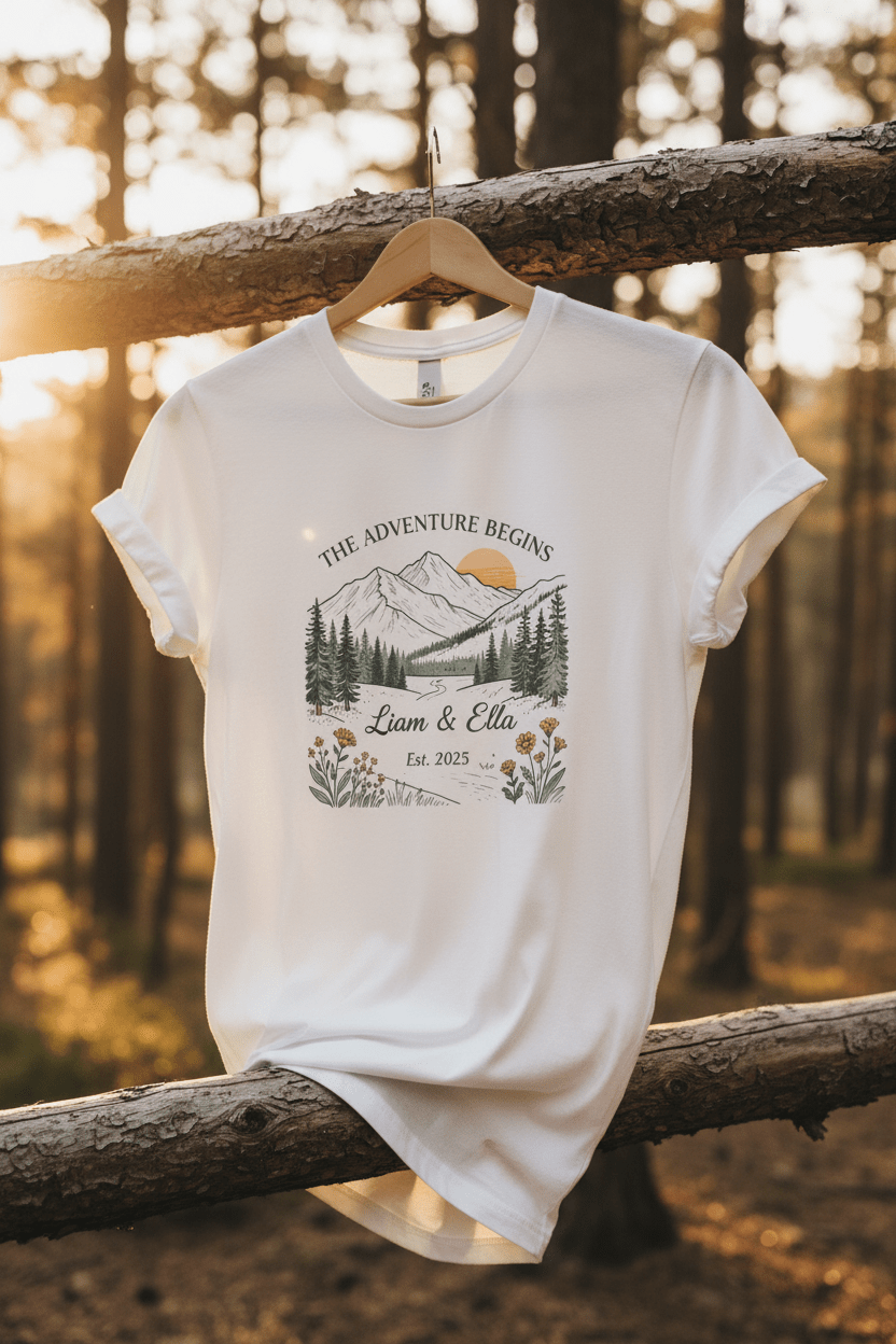 White couples T-shirt on hanger with mountain landscape graphic, floral frame, and “Liam & Ella”