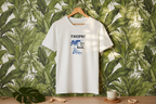 White crew-neck T-shirt with tropical chair graphic and text print