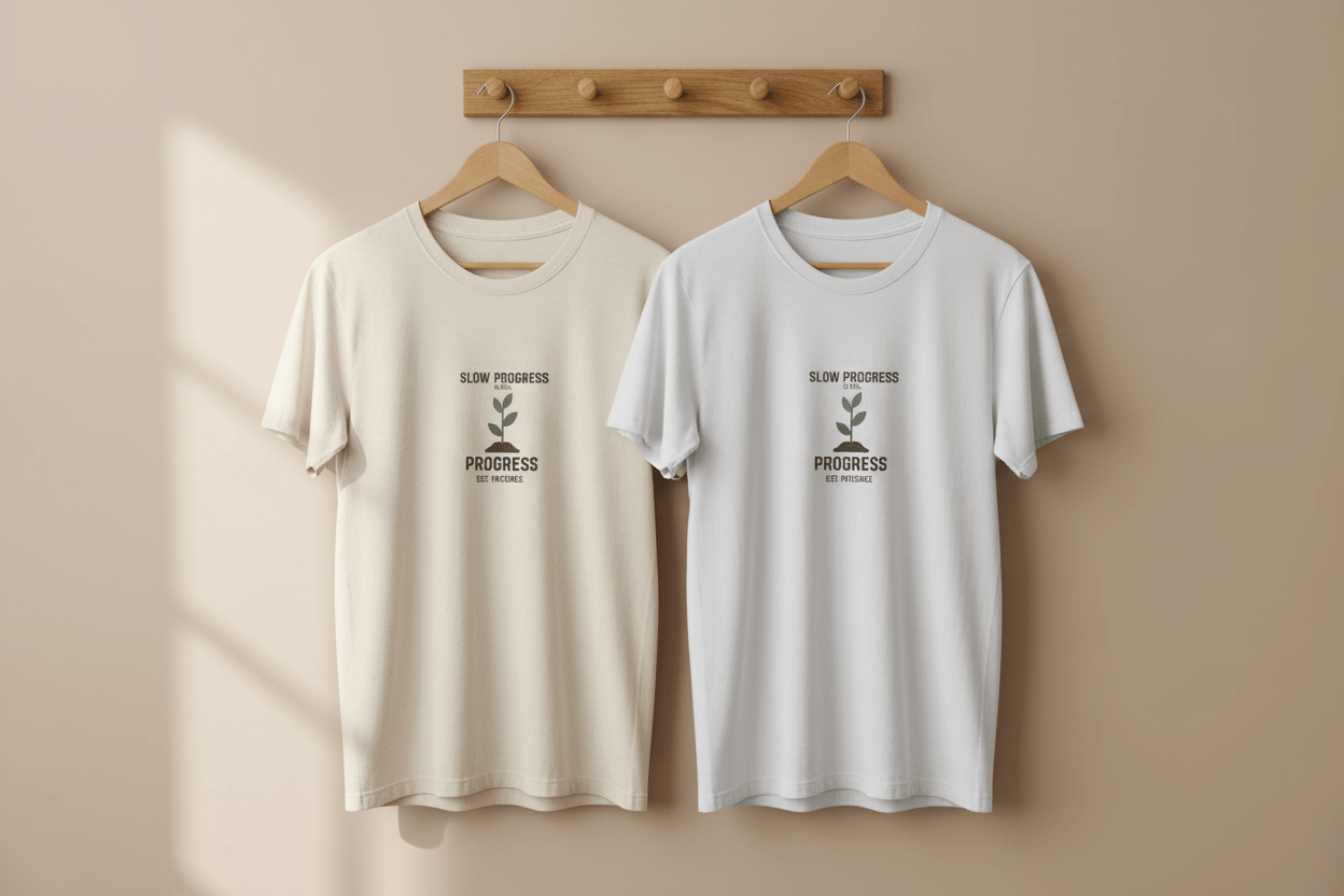 Cream and white crew-neck T-shirts on hangers with small “Slow Progress” plant print