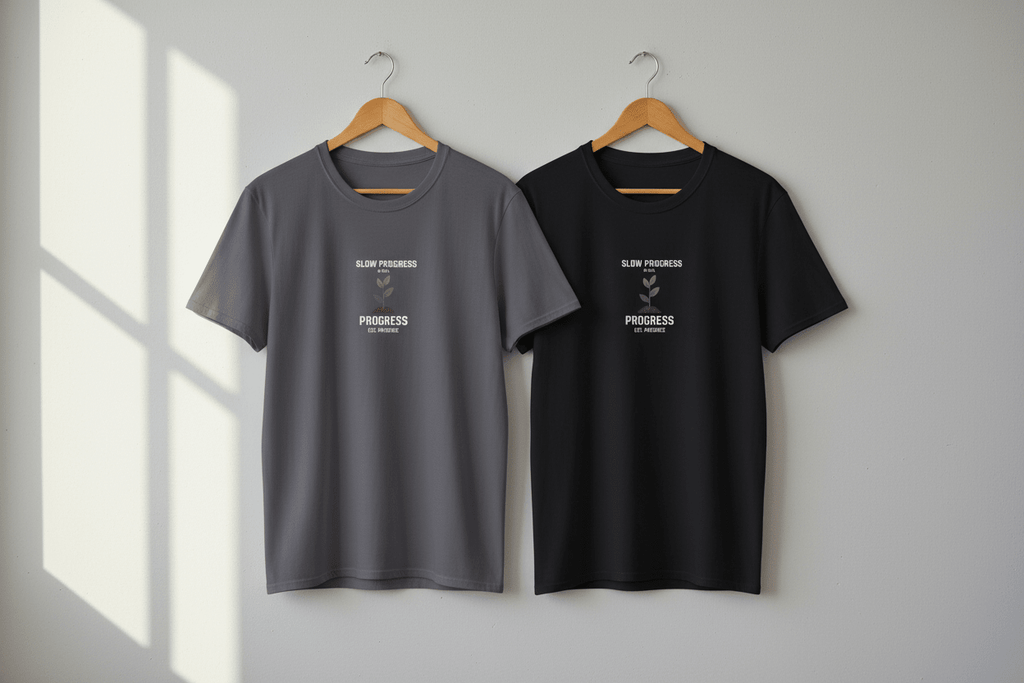 Gray and black crew-neck T-shirts with “Slow Progress” plant text graphic
