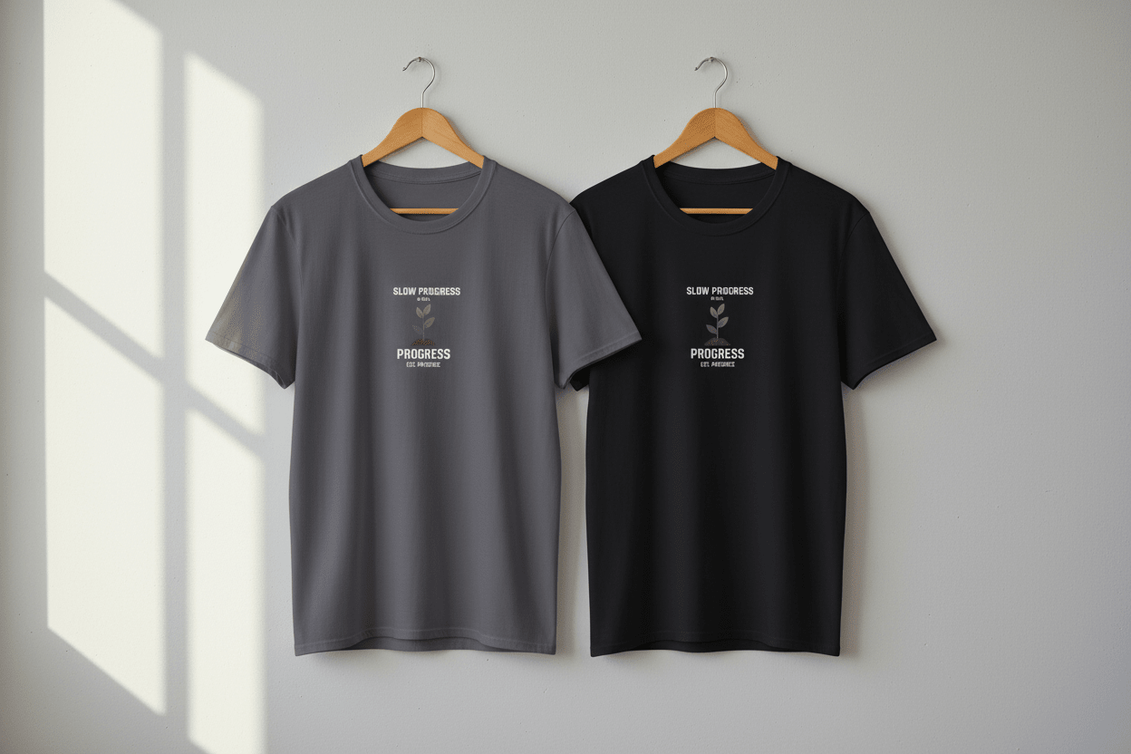 Gray and black crew-neck T-shirts with “Slow Progress” plant text graphic