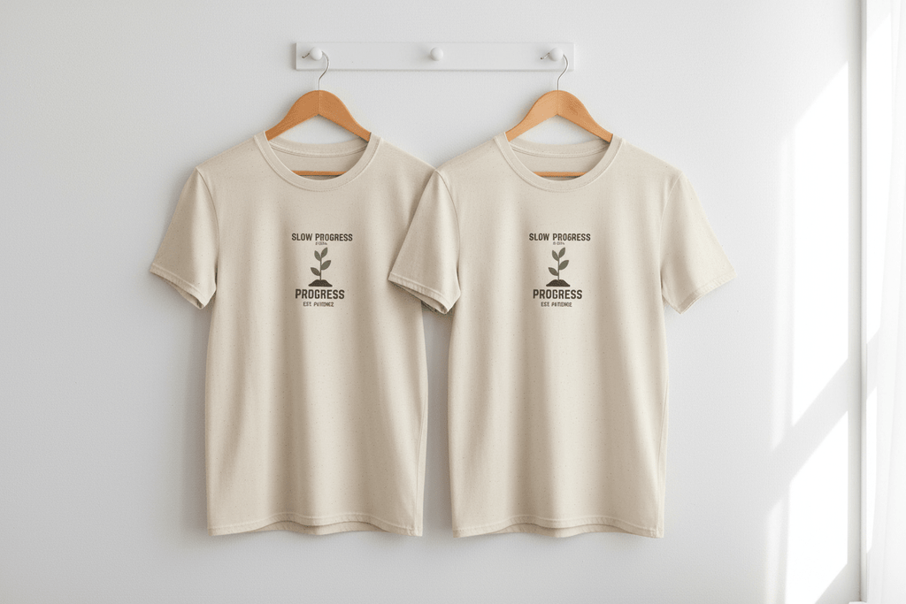 Natural motivational T-shirt with small plant graphic and 'Slow Progress' text