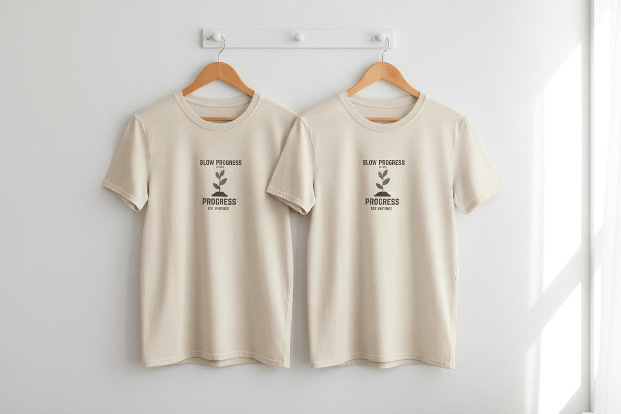 Natural motivational T-shirt with small plant graphic and 'Slow Progress' text