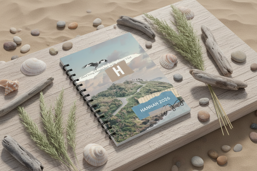 A5 wirobound notebook with seaside cover, monogram H and HANNAN 2026, lined pages